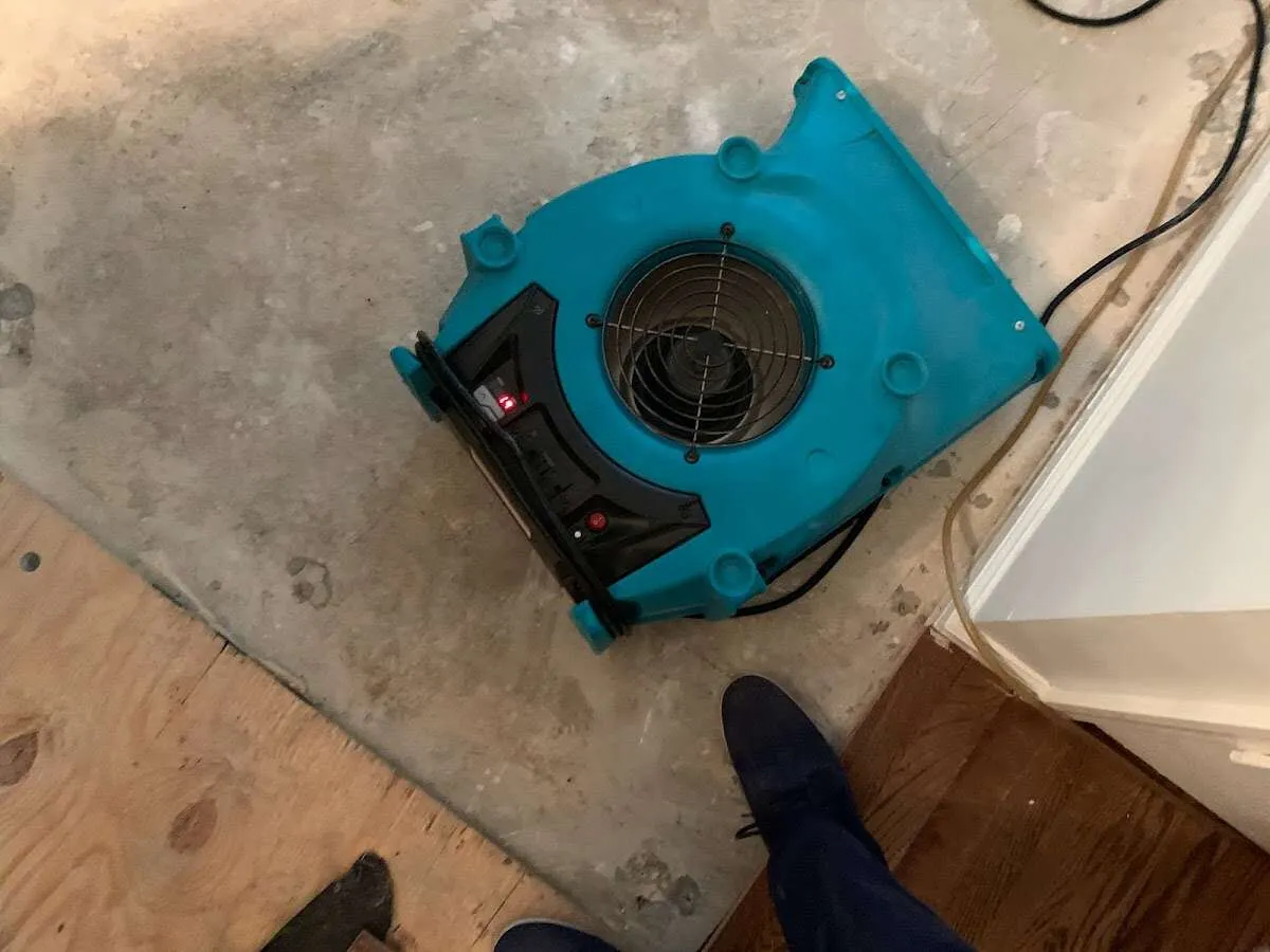 Air mover drying subfloor during Leak Detection & Repair in Sandy Oaks